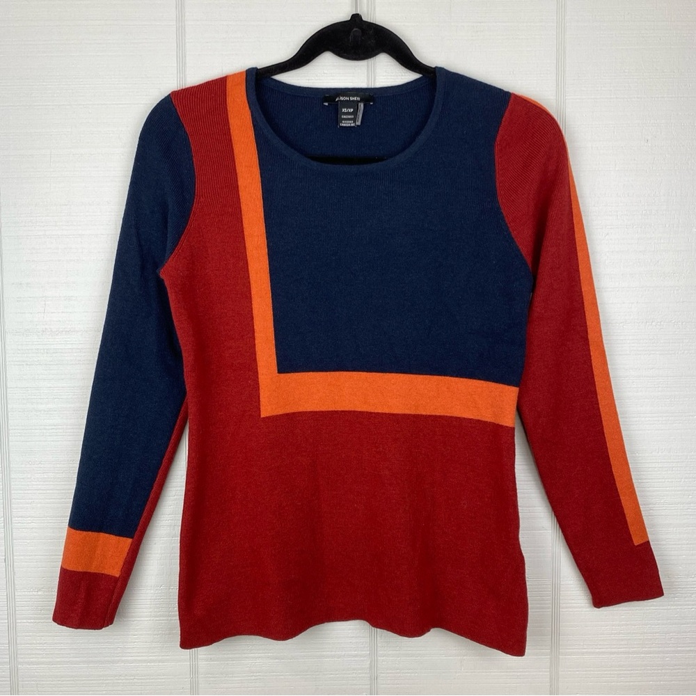 Alison Sheri Color Block Abstract Red Orange Blue Knit Sweater Size XS